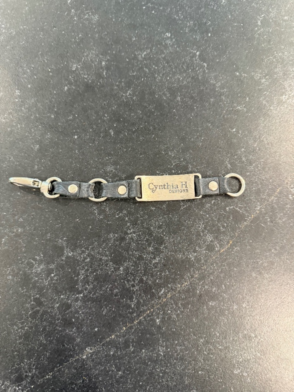 Cynthia H Designs Black Leather Bracelet with Silver Tone Plate
